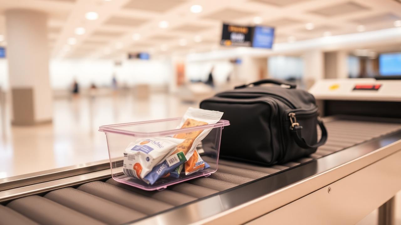 Sealed snack pouches in a security tray beside a carry-on bag at an airport checkpoint