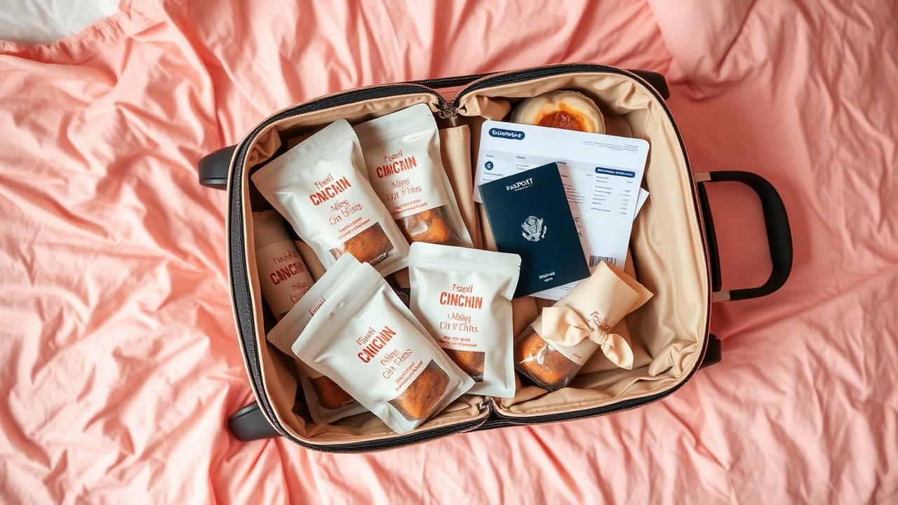 Open carry-on suitcase packed with resealable pouches of chin chin, wrapped pastries, a passport and a boarding pass