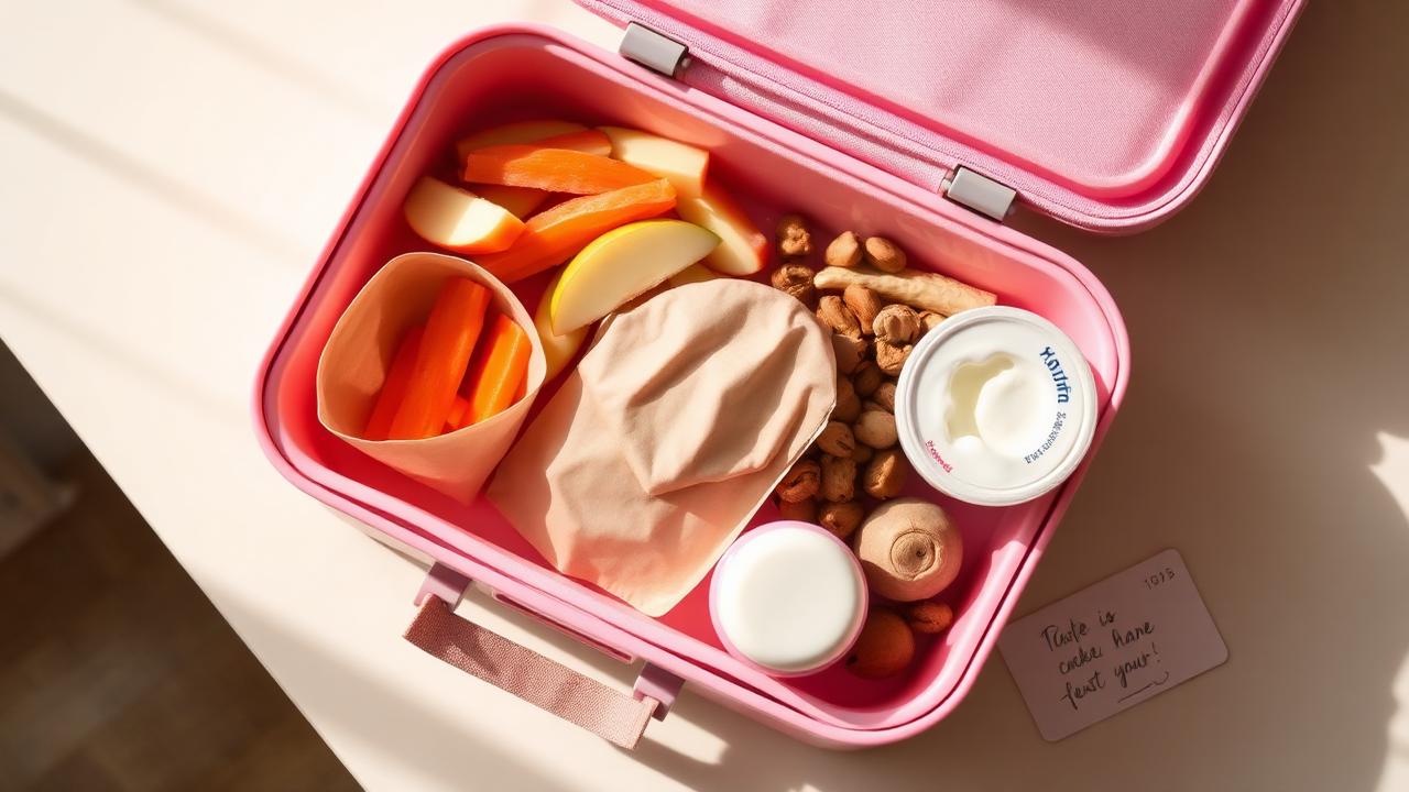Pastel pink lunchbox packed with balanced healthy snacks: a pouch of chin chin, apple slices, carrot sticks, nuts and a yoghurt pot