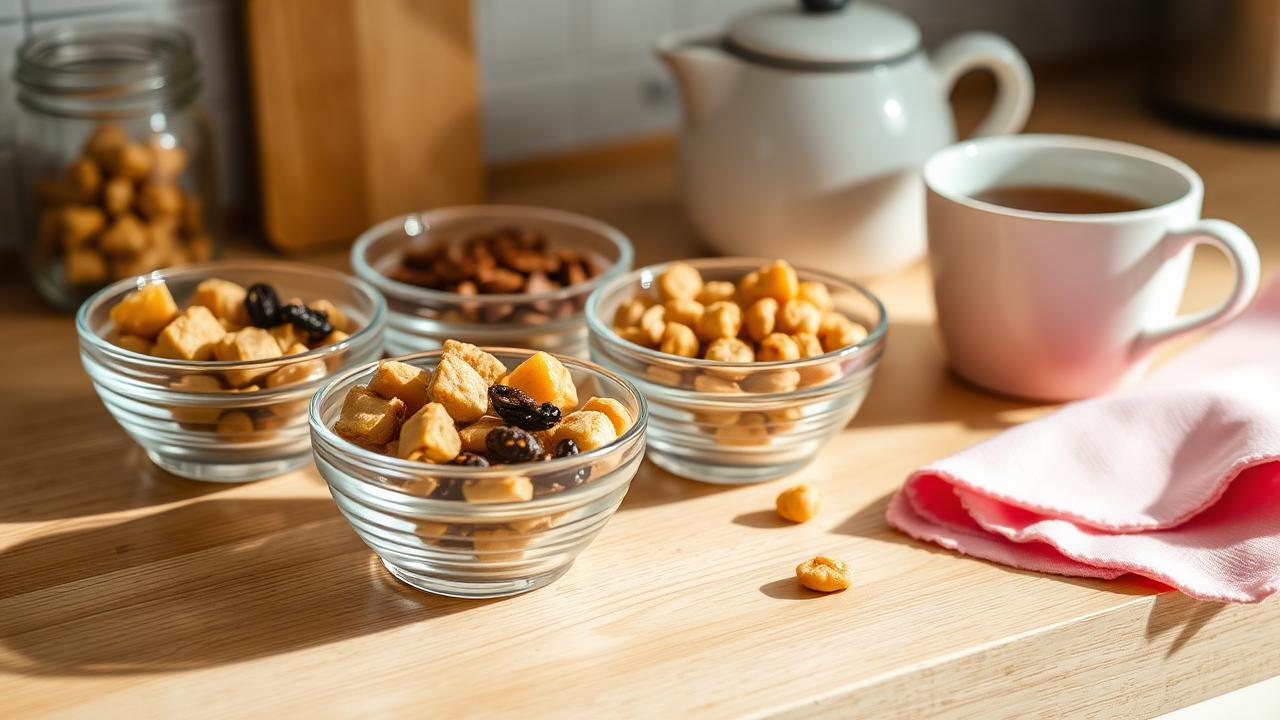 Small glass bowls on a wooden kitchen counter holding portioned chin chin, almonds and cashews, dried fruit and roasted chickpeas beside a cup of tea