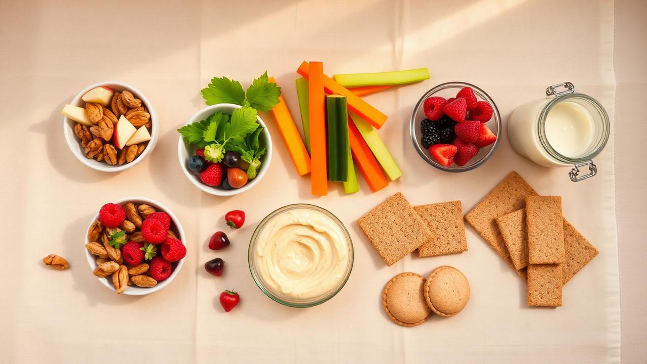 Overhead spread of healthy snacks including nuts, berries, vegetable sticks with hummus, yoghurt and wholegrain crackers