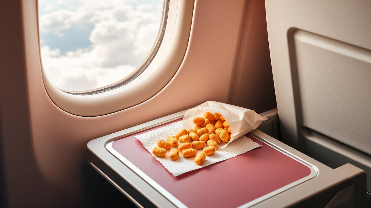 A pouch of golden chin chin bites poured onto a napkin on an airplane tray table beside a window
